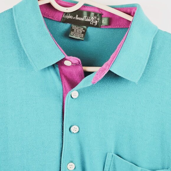 Knights of Round Table Mens Size L Polo Shirt Teal Purple Collar Retro 90s - Picture 5 of 7